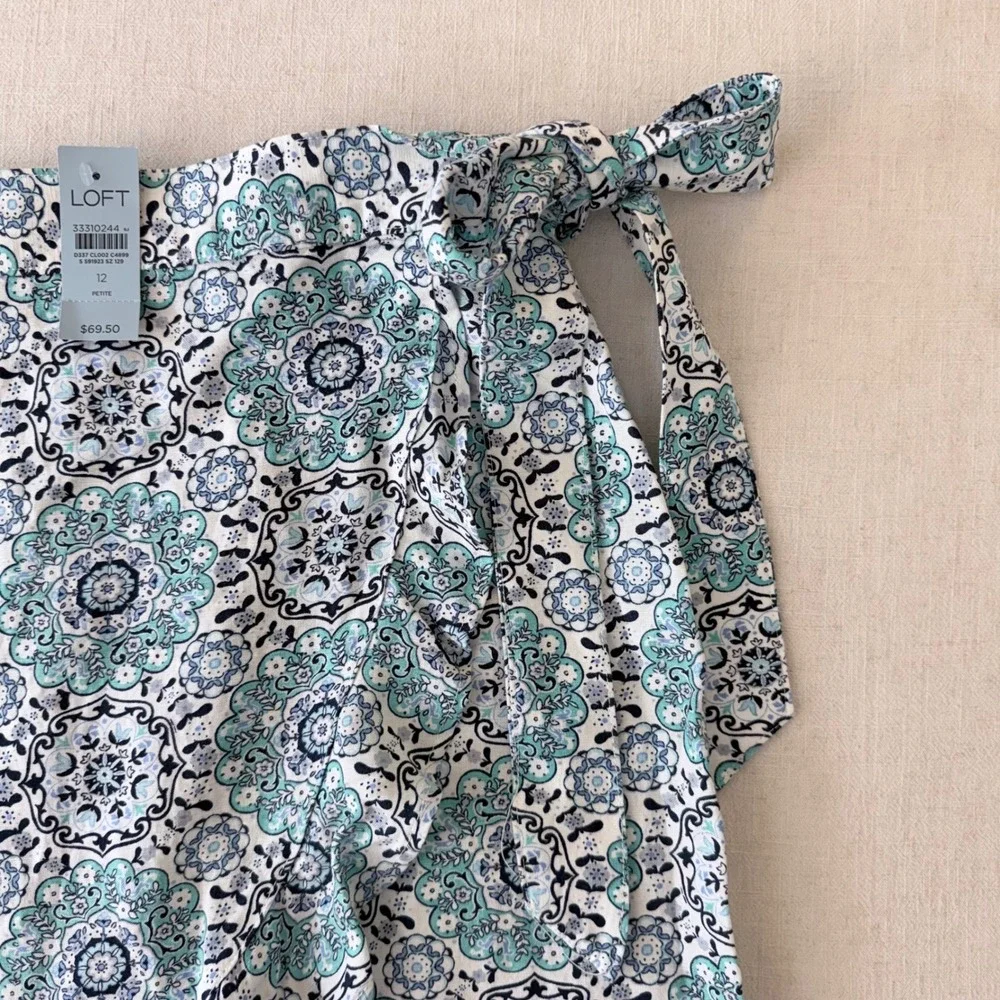 LOFT‎ Petite Linen Blend Boho Wrap Skirt 12P Blue Medallion Print NWT Summer